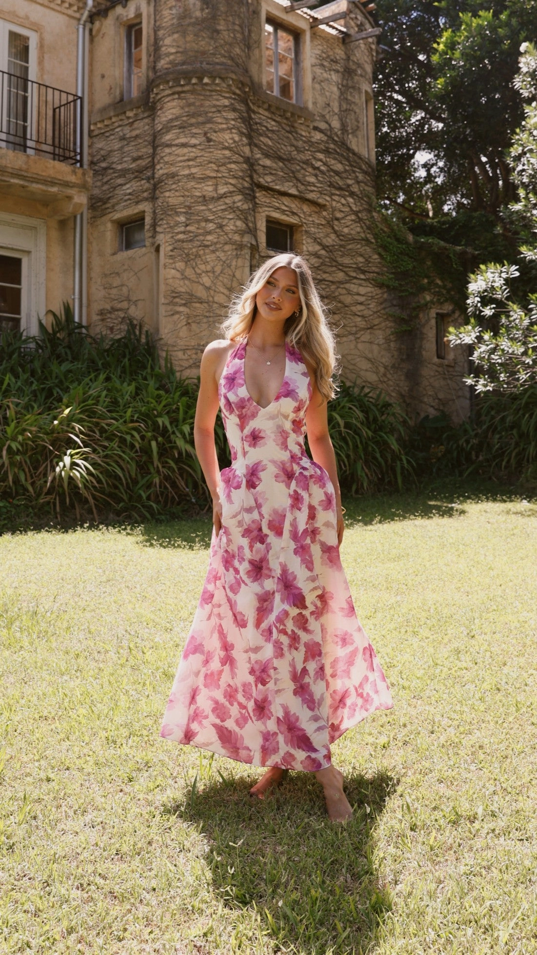 Bryony Halter Neck Maxi Dress - Pink Floral