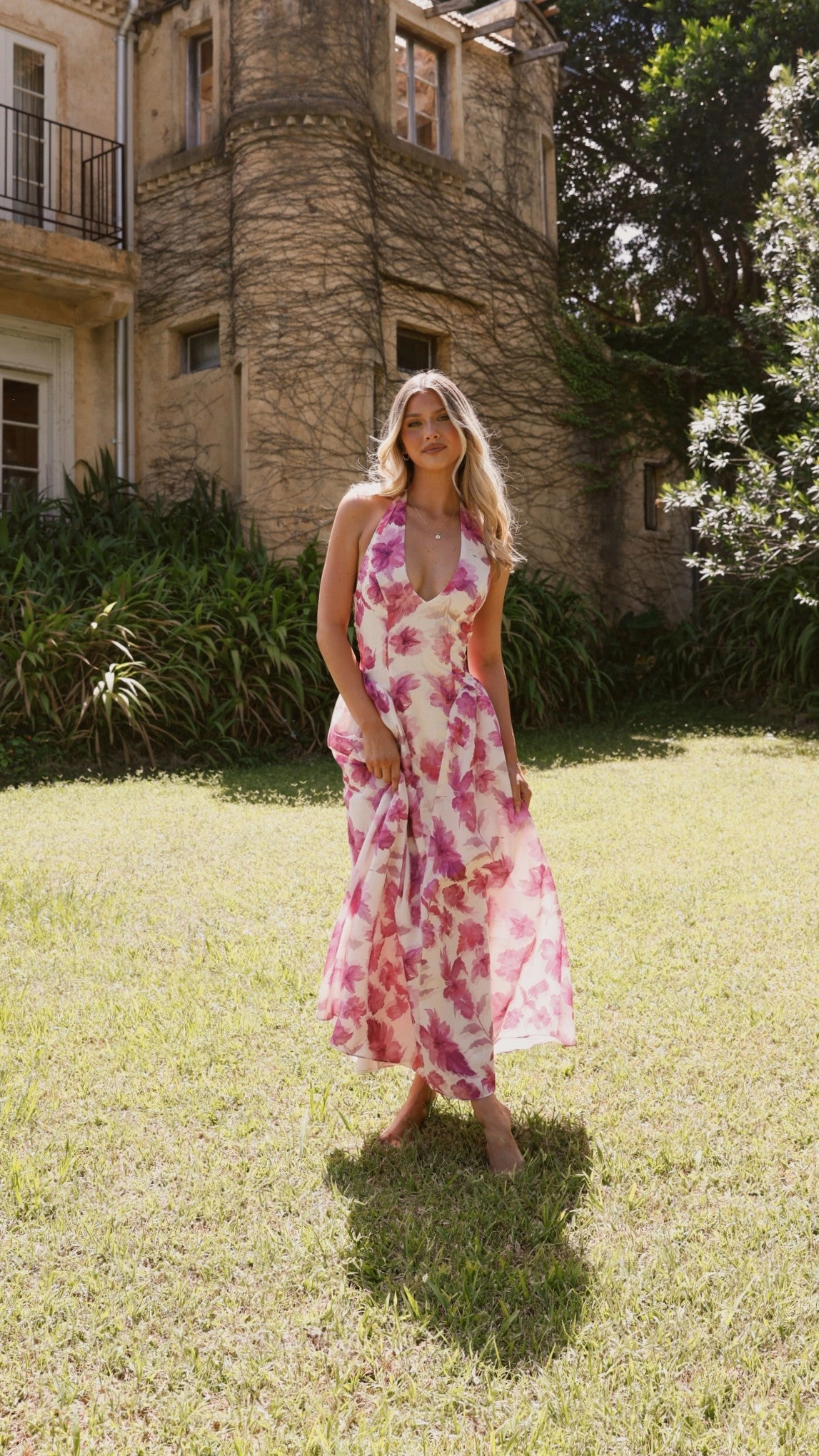 Bryony Halter Neck Maxi Dress - Pink Floral