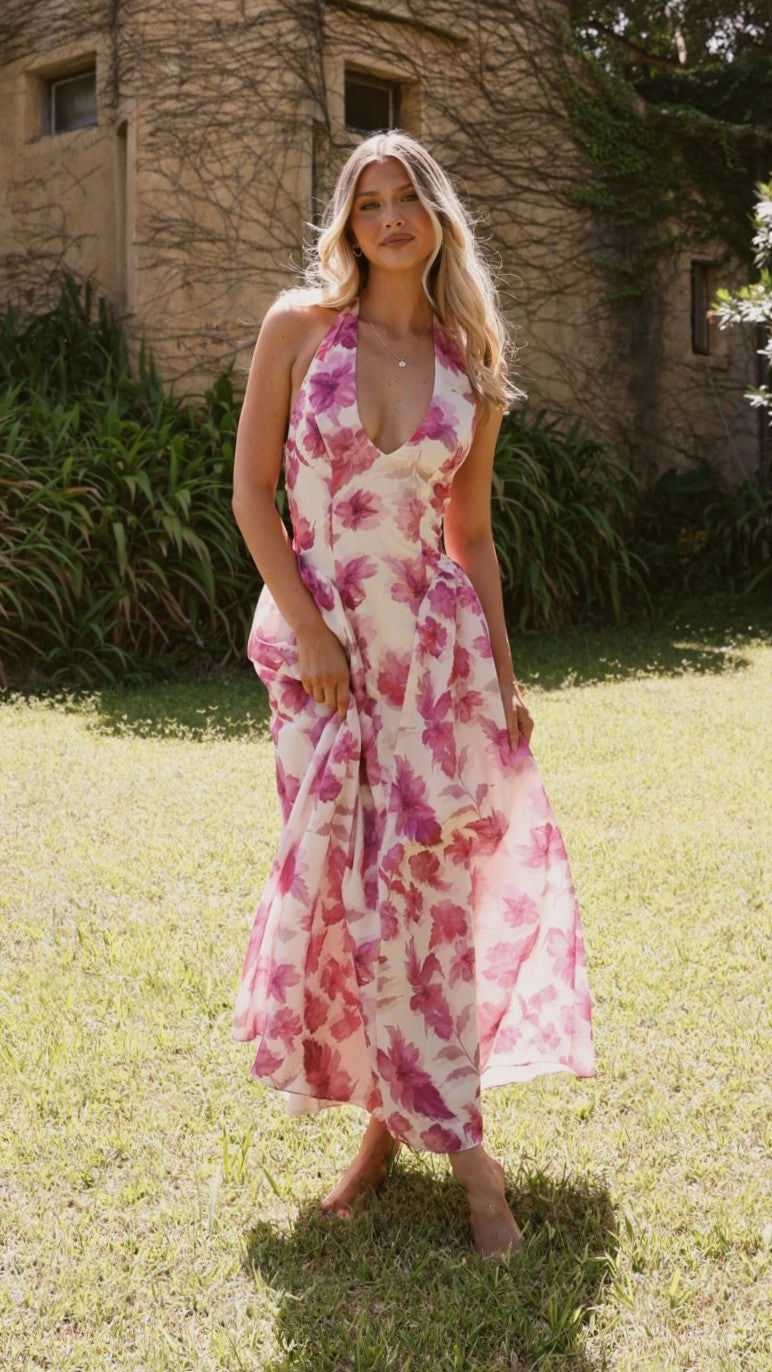 Bryony Halter Neck Maxi Dress - Pink Floral