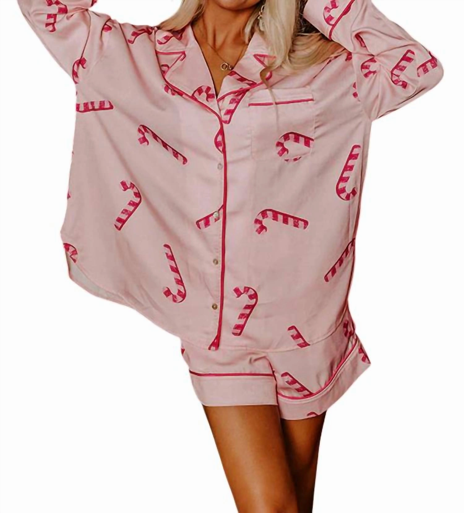 Candy Cane Kisses Satin Pajama Set In Pink