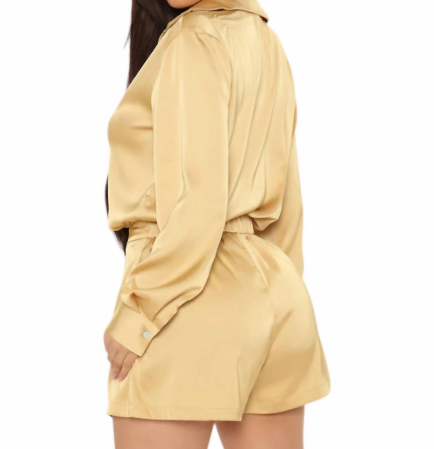 Carmella Two Piece Satin Short Set In Gold