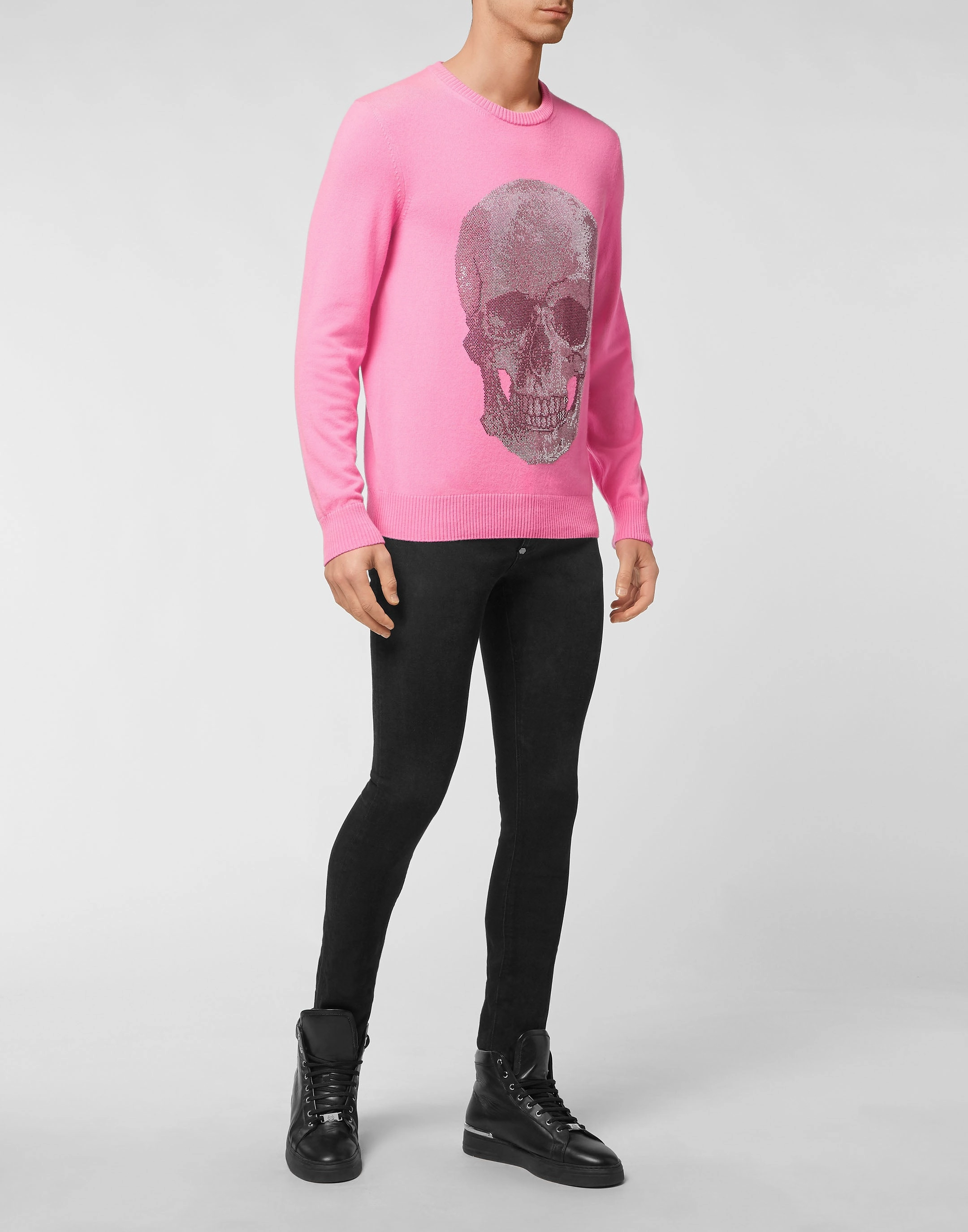 Cashmere Pullover Round Neck LS Iconic Plein with Crystals