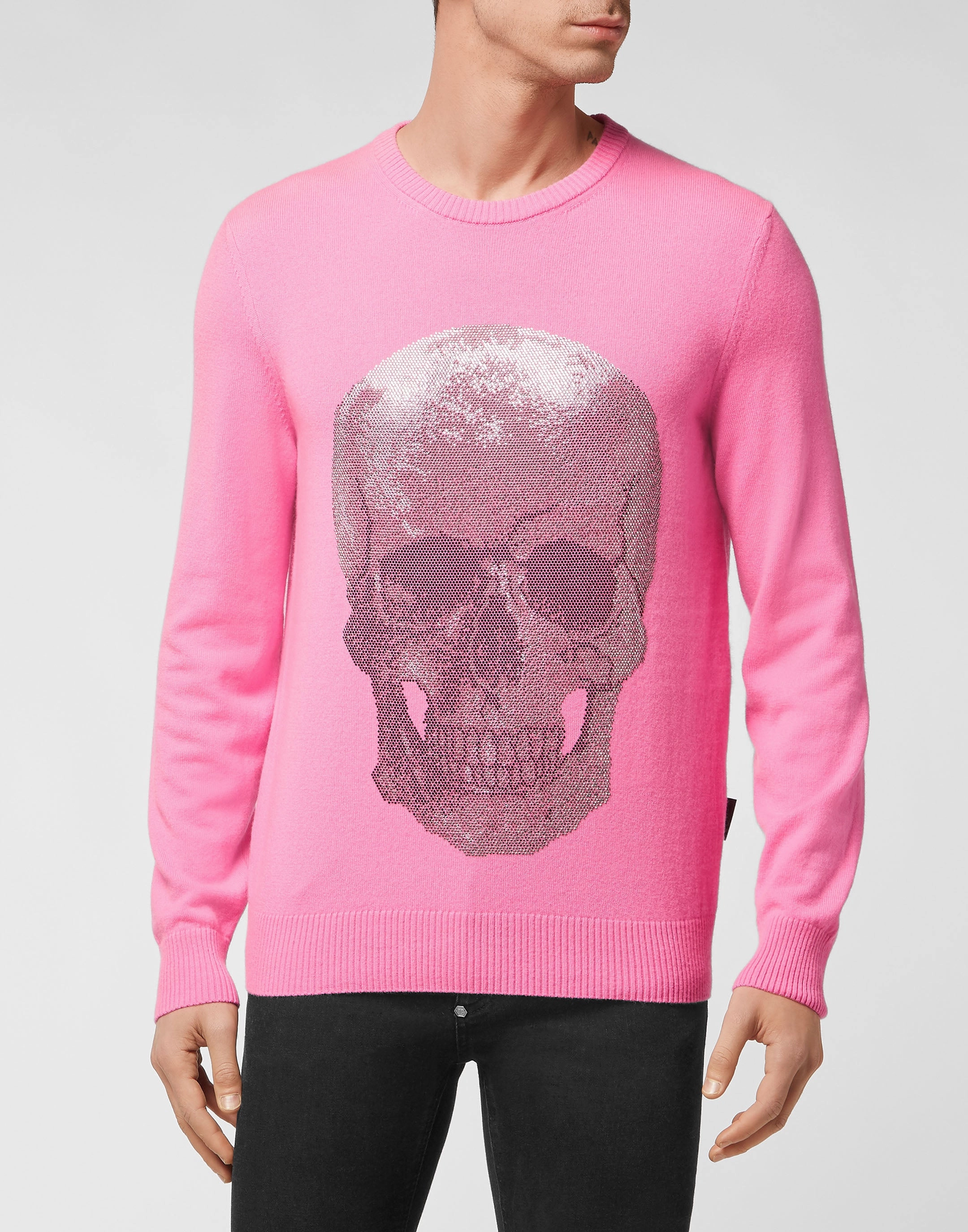 Cashmere Pullover Round Neck LS Iconic Plein with Crystals
