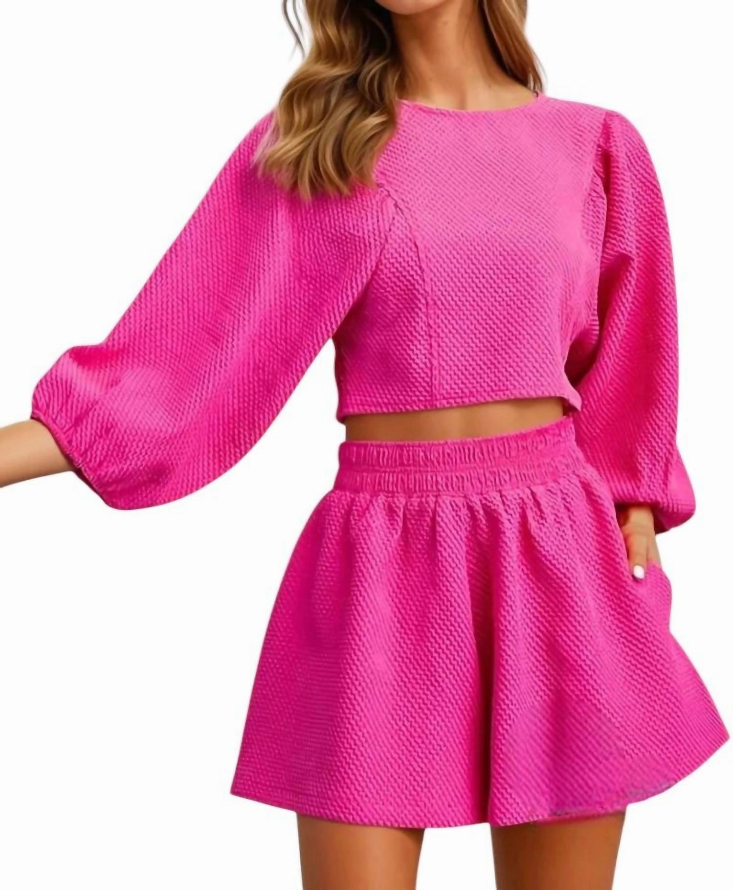 Catalina Round Neckline Balloon Sleeve Top & Short Set In Magenta