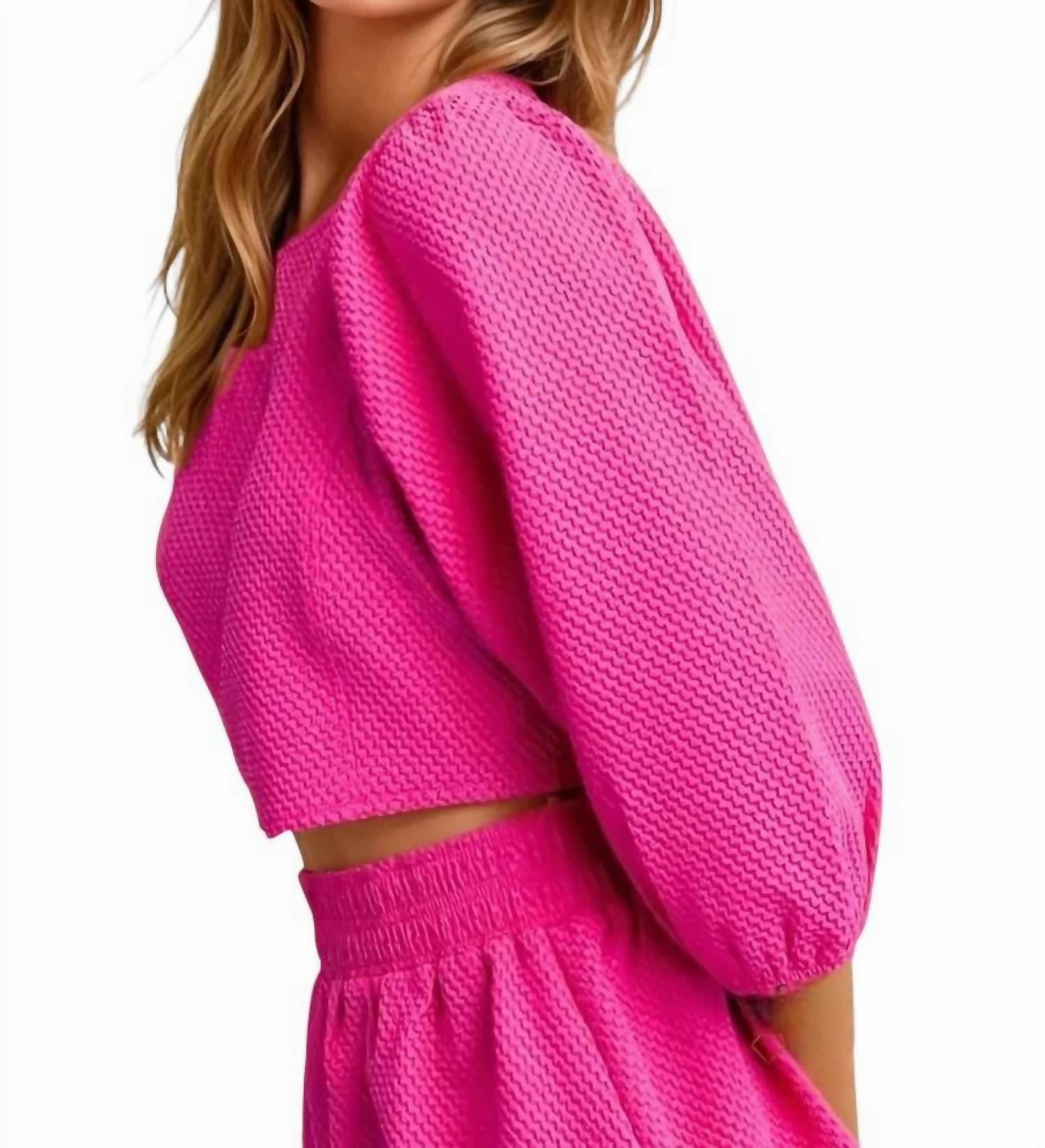 Catalina Round Neckline Balloon Sleeve Top & Short Set In Magenta