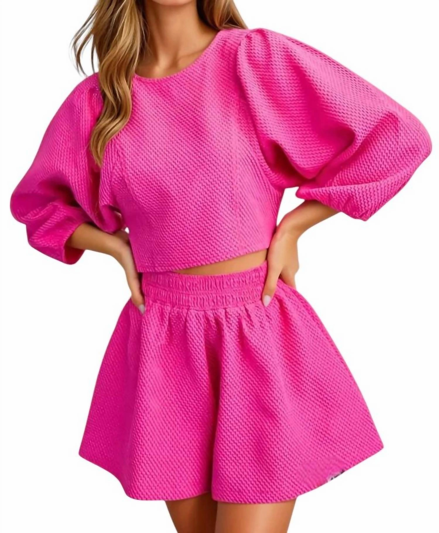 Catalina Round Neckline Balloon Sleeve Top & Short Set In Magenta