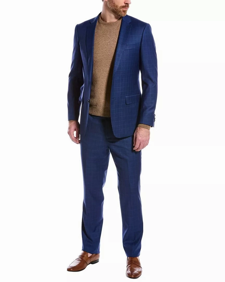 Cavalli Class by Roberto Cavalli Mens Blue Plaid Slim Fit Wool Suit