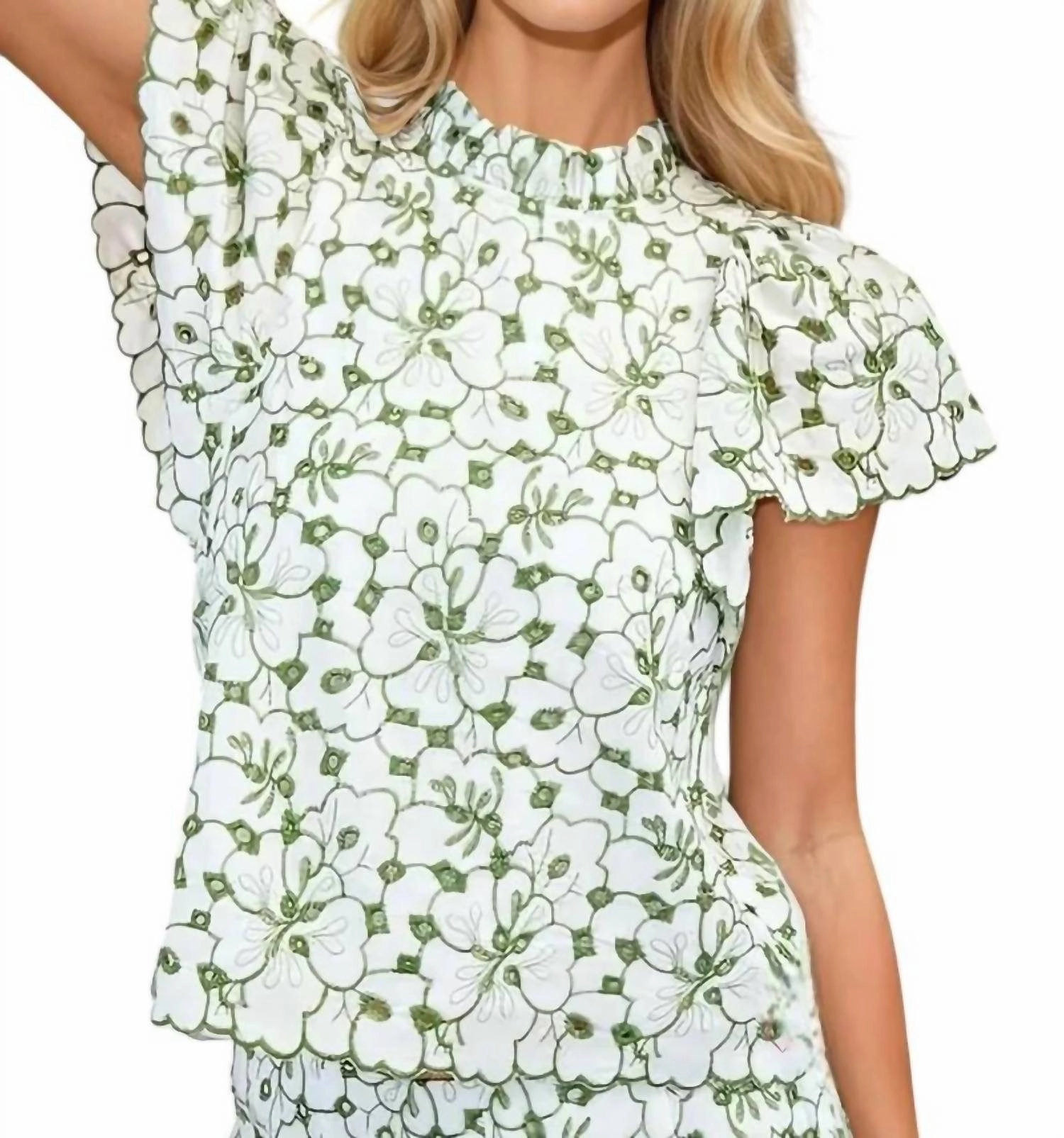 Chelsea Embroidered Eyelet Blouse & Short Set In Sage