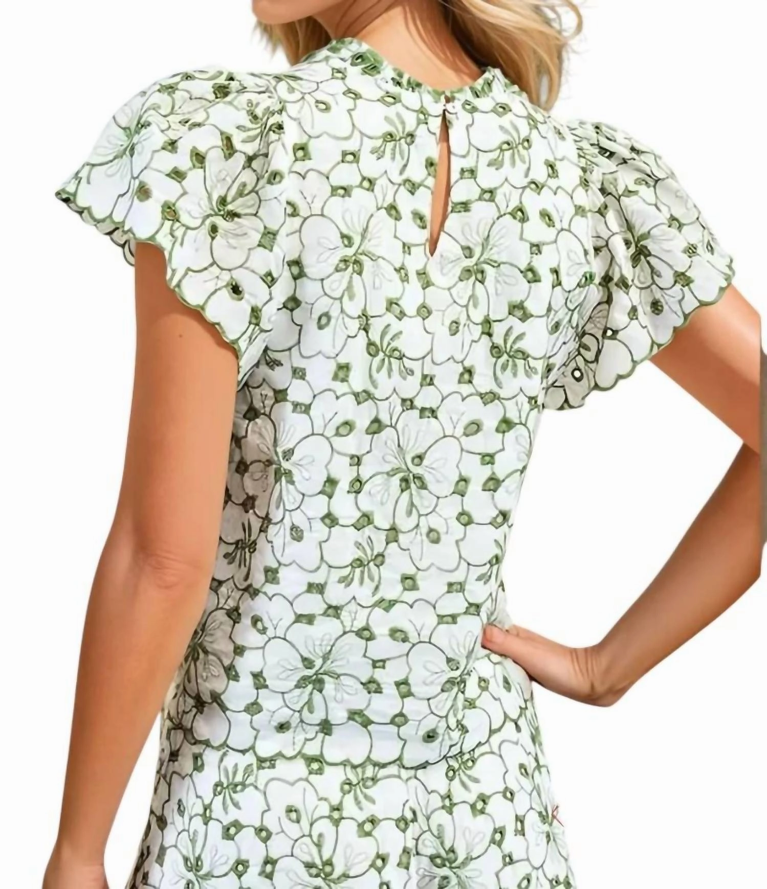 Chelsea Embroidered Eyelet Blouse & Short Set In Sage