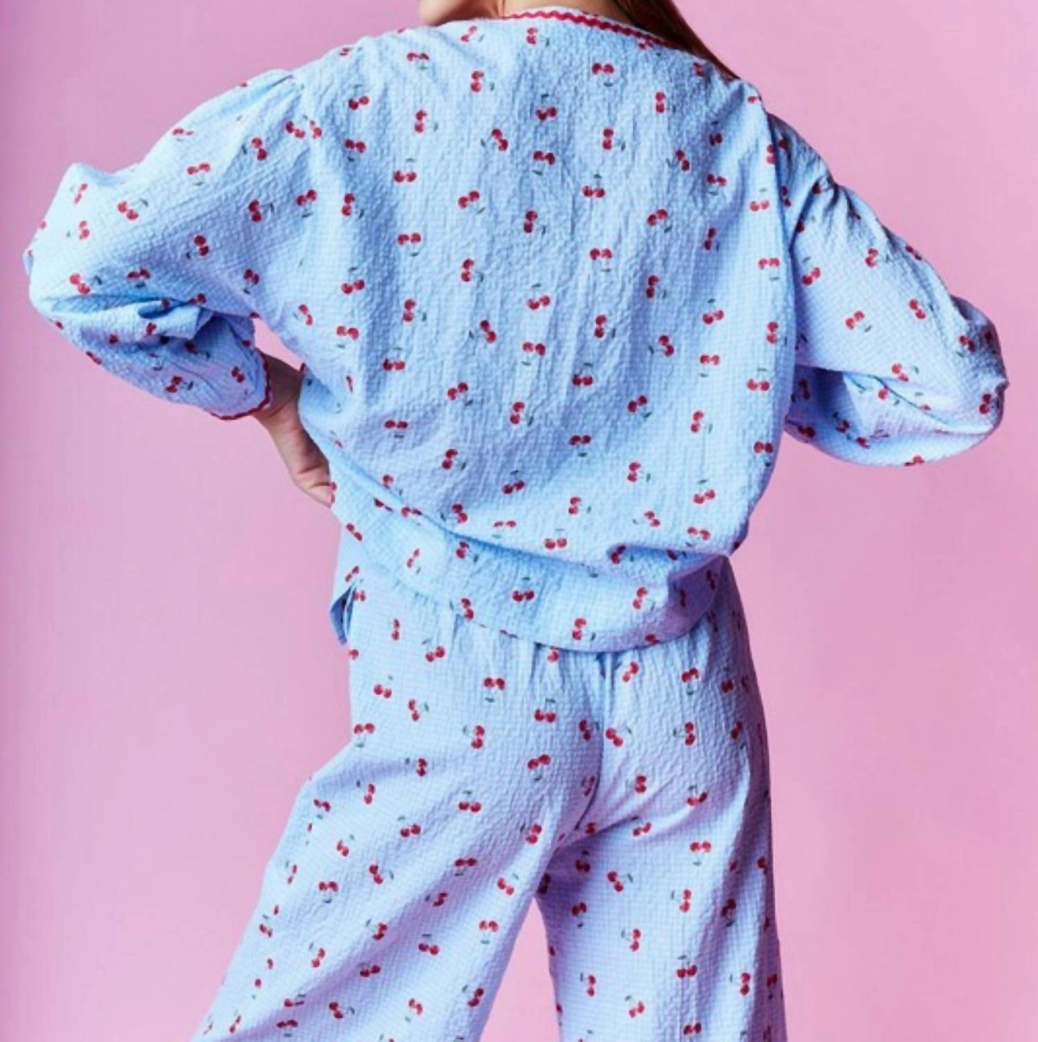 Cherry Heart Pajama Setset In Blue