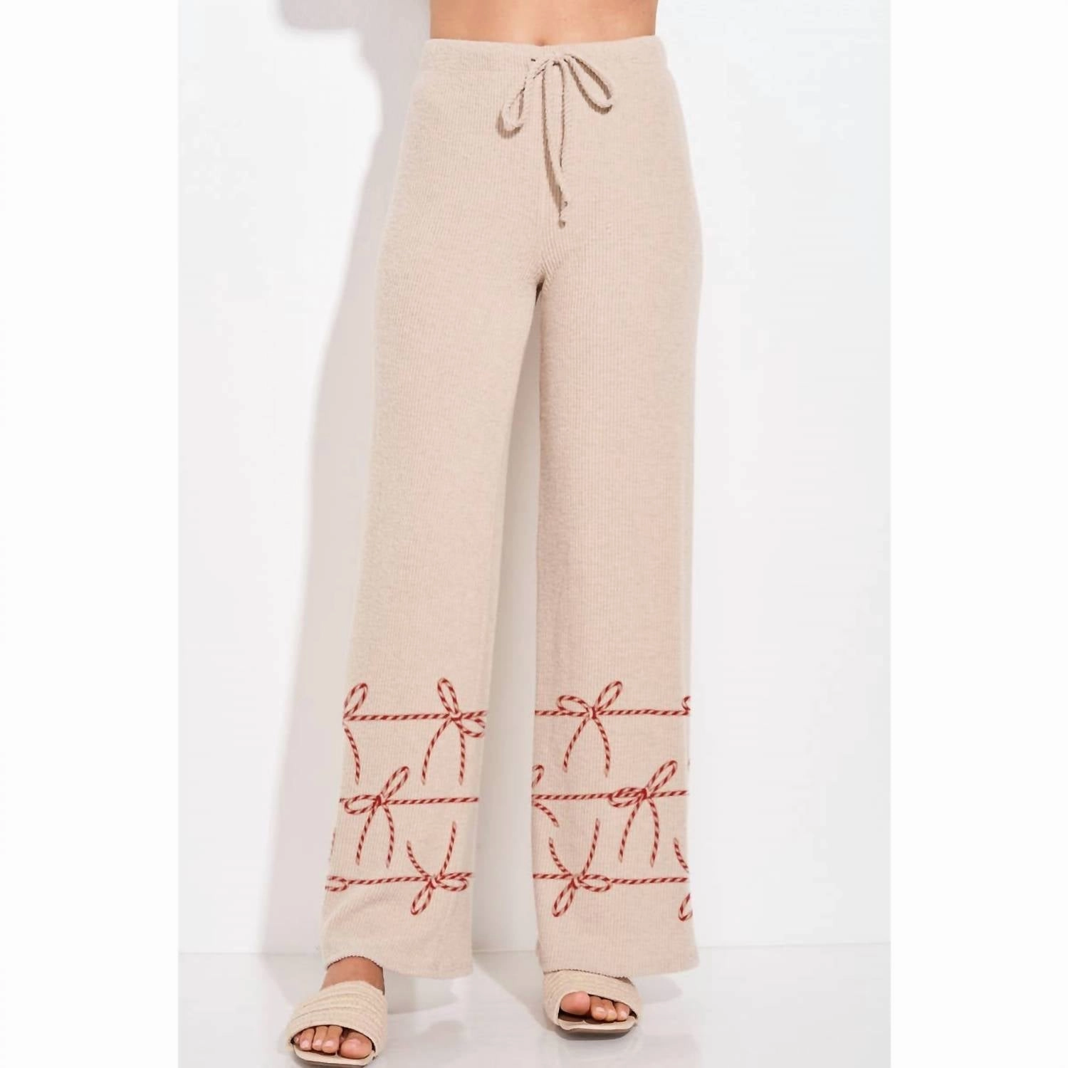 Christmas Ribbon Loungewear Pajama Set In Beige