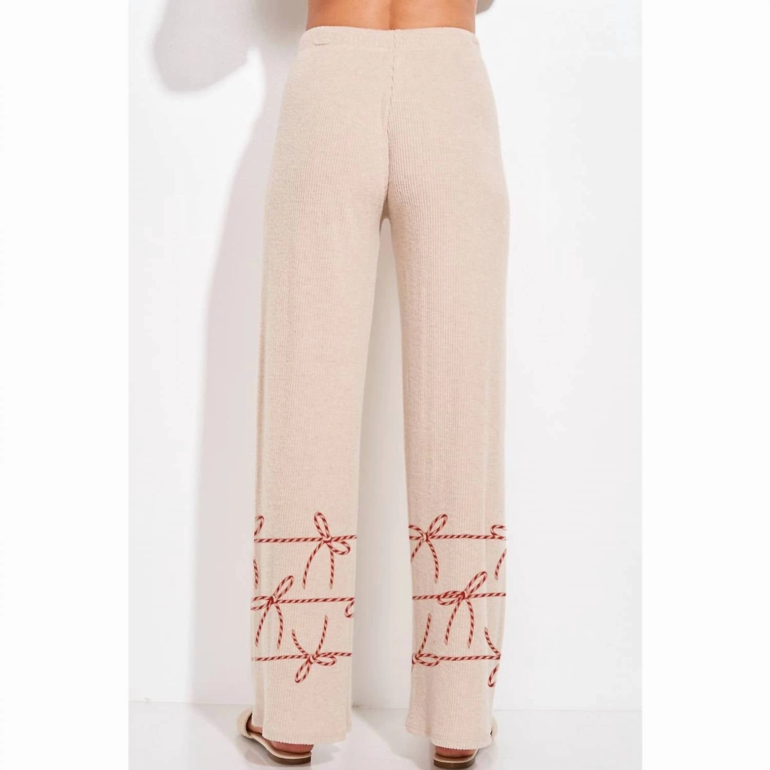Christmas Ribbon Loungewear Pajama Set In Beige