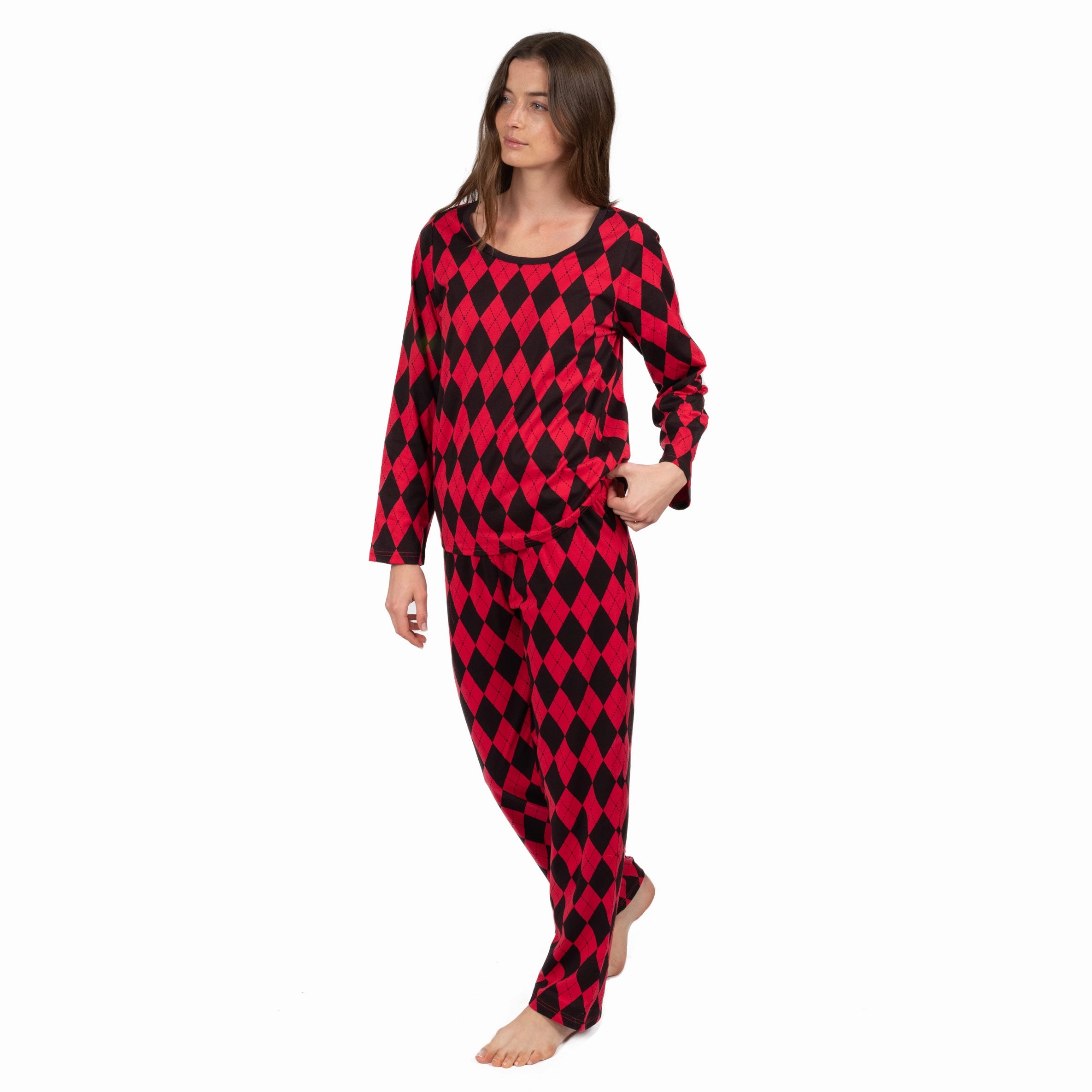 Christmas Womens Two Piece Cotton Loose Fit Pajamas Argyle