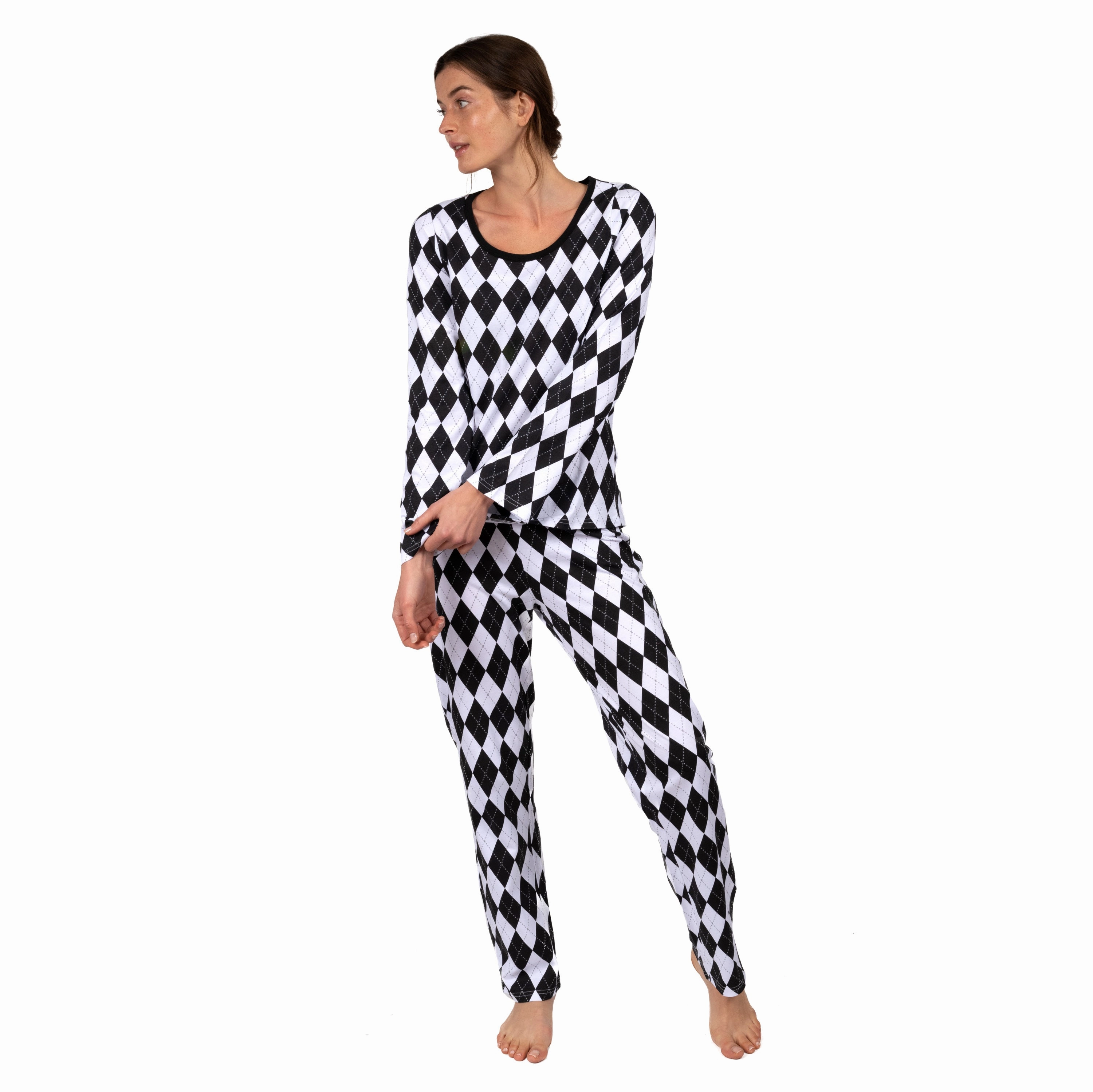 Christmas Womens Two Piece Cotton Loose Fit Pajamas Argyle