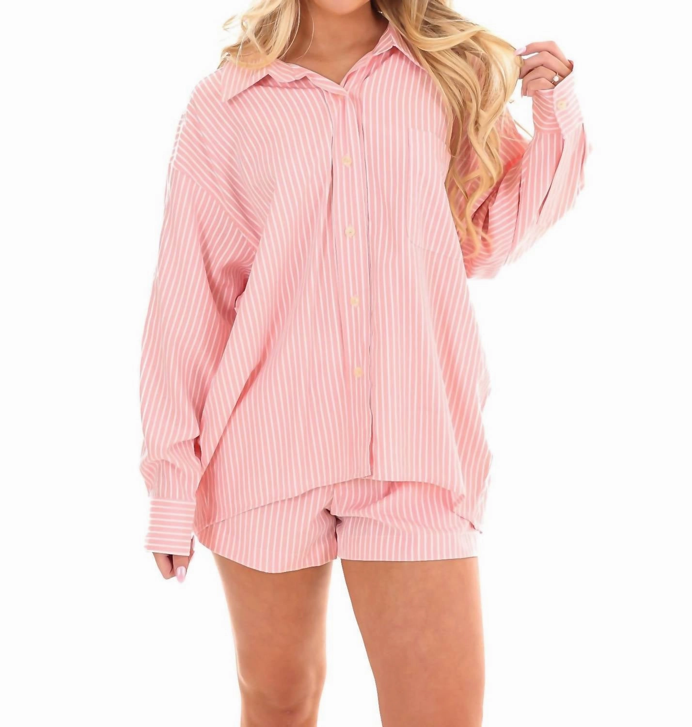 Closer Than Ever Stripe Two Piece Set In Pink Drink