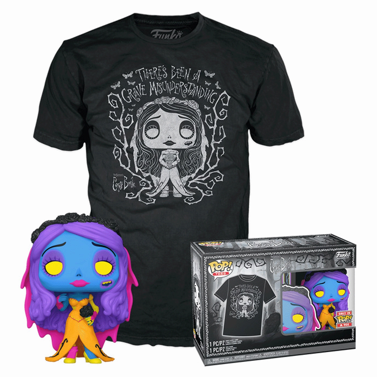 Corpse Bride Emily (Black Light) Pop! Vinyl and Tee Set