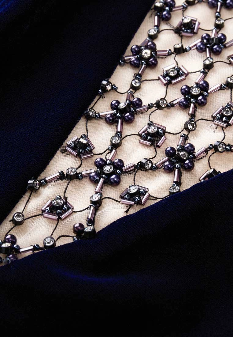 Crystal and Bead Embellished Sleeveless Velvet Dress