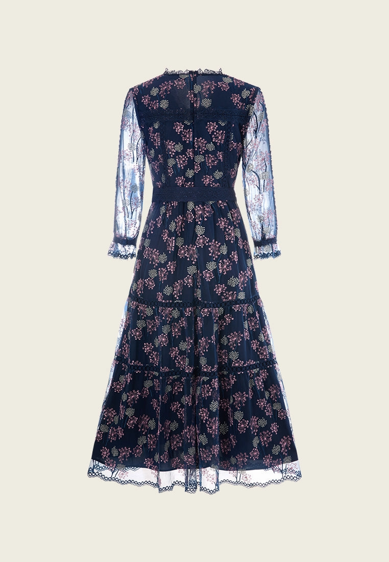 Dandelion-pattern Puff-sleeve Lace-trim Tie-belt Mesh Dress