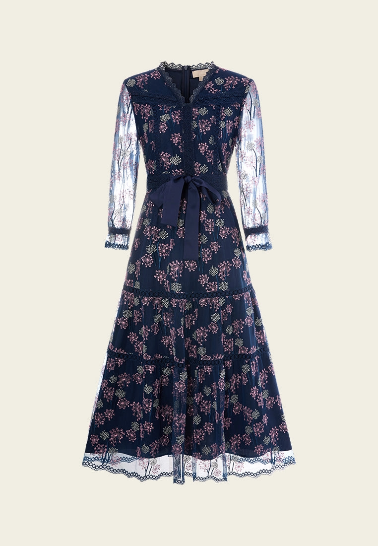 Dandelion-pattern Puff-sleeve Lace-trim Tie-belt Mesh Dress