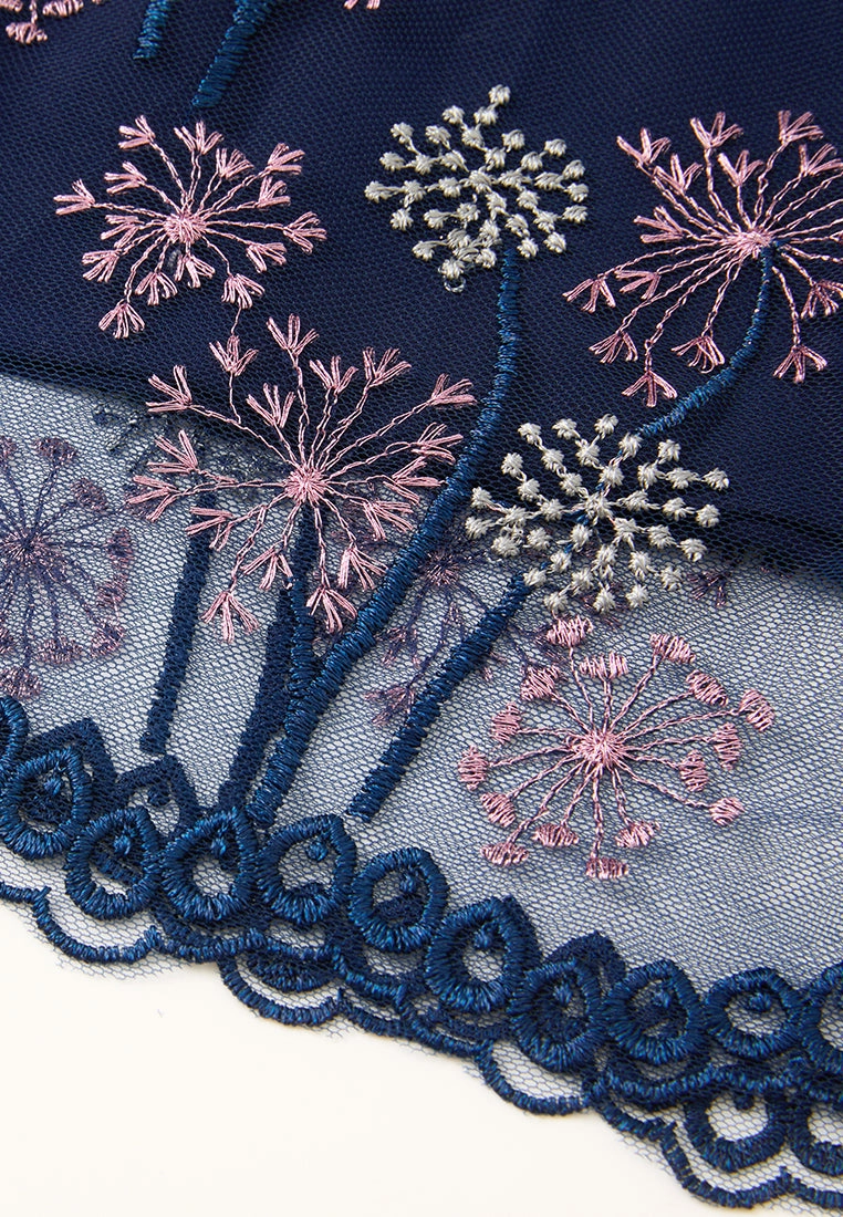 Dandelion-pattern Puff-sleeve Lace-trim Tie-belt Mesh Dress