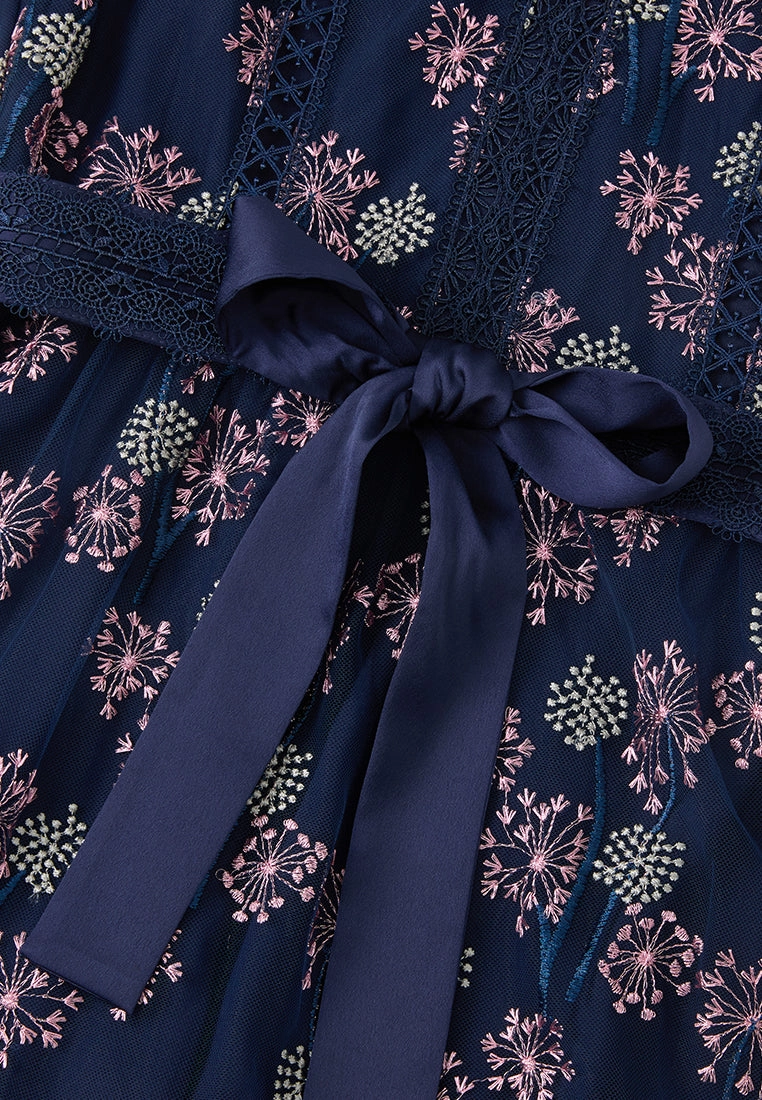 Dandelion-pattern Puff-sleeve Lace-trim Tie-belt Mesh Dress