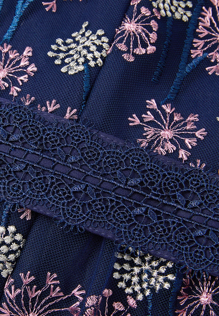 Dandelion-pattern Puff-sleeve Lace-trim Tie-belt Mesh Dress