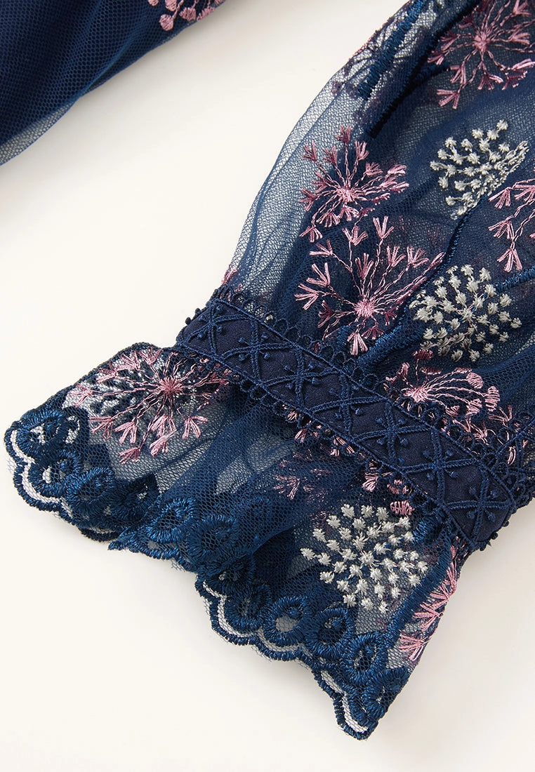 Dandelion-pattern Puff-sleeve Lace-trim Tie-belt Mesh Dress