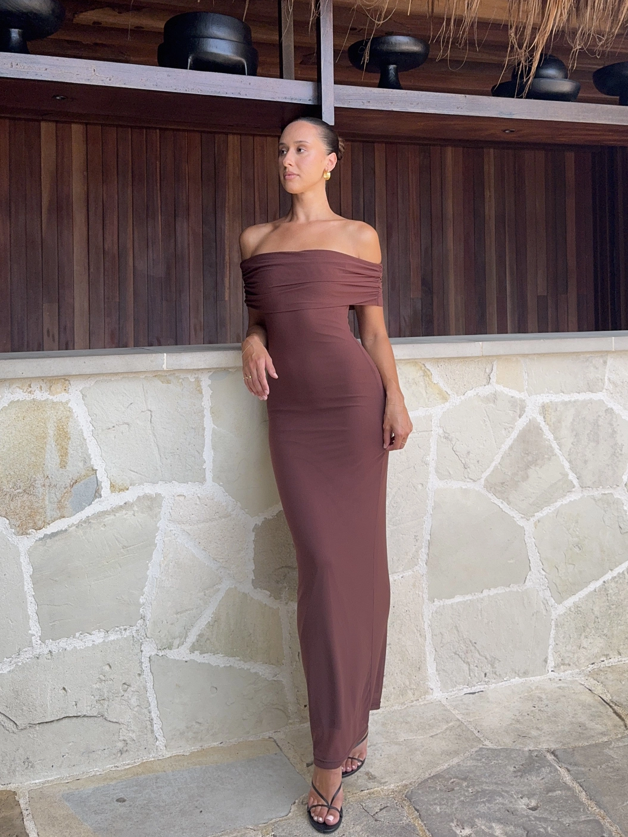 Darcey Off Shoulder Maxi Dress - Brown