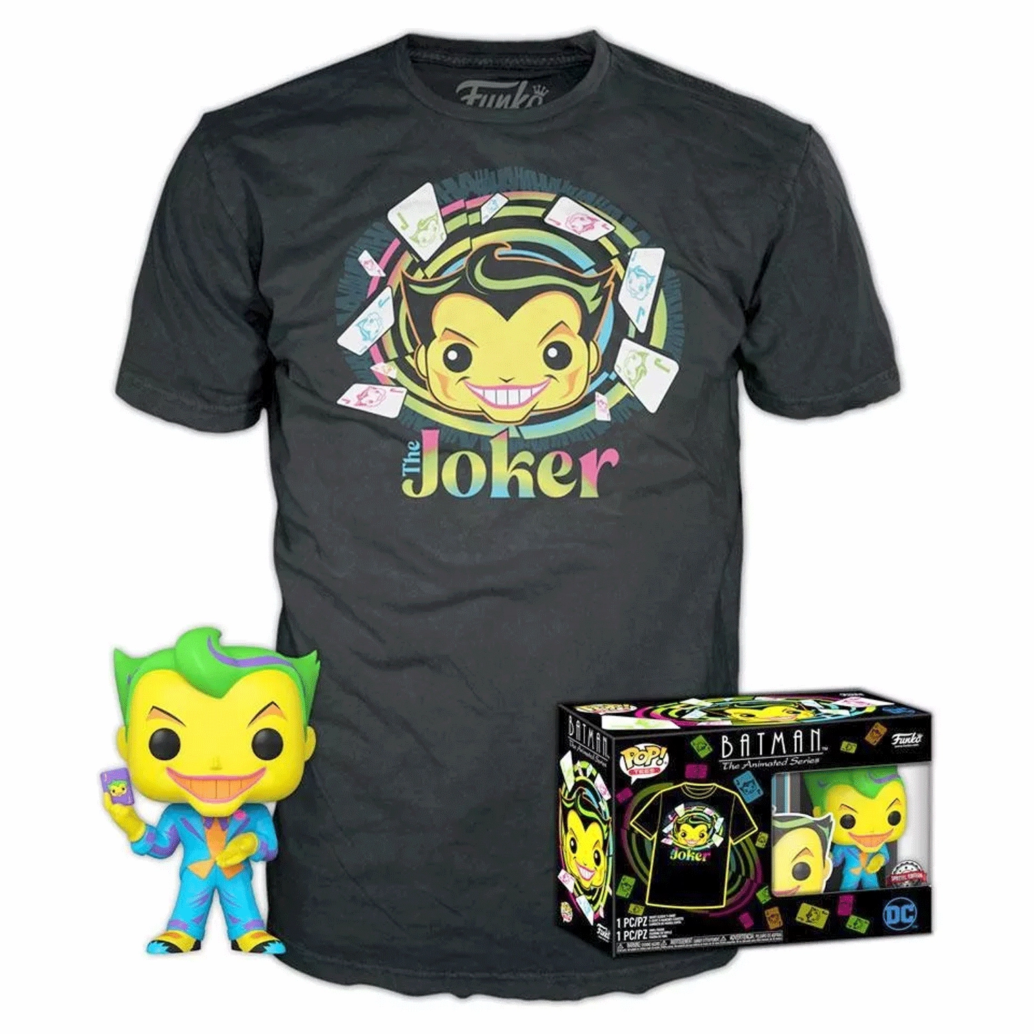 DC Comics Joker Blacklight Pop! Vinyl and Tee Set