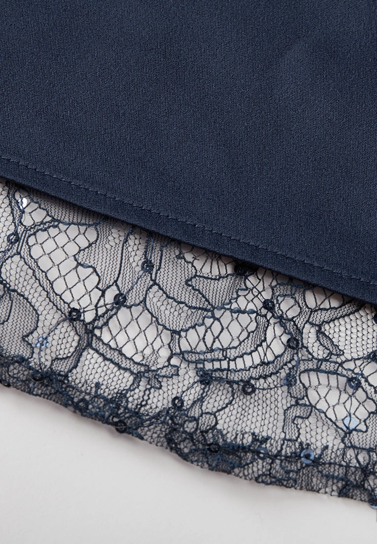 Diamond Pattern Embellished Lace-detail Belted Dress