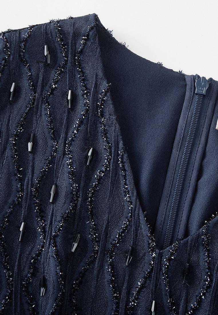 Diamond Pattern Embellished Lace-detail Belted Dress