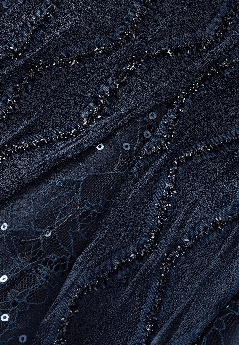 Diamond Pattern Embellished Lace-detail Belted Dress