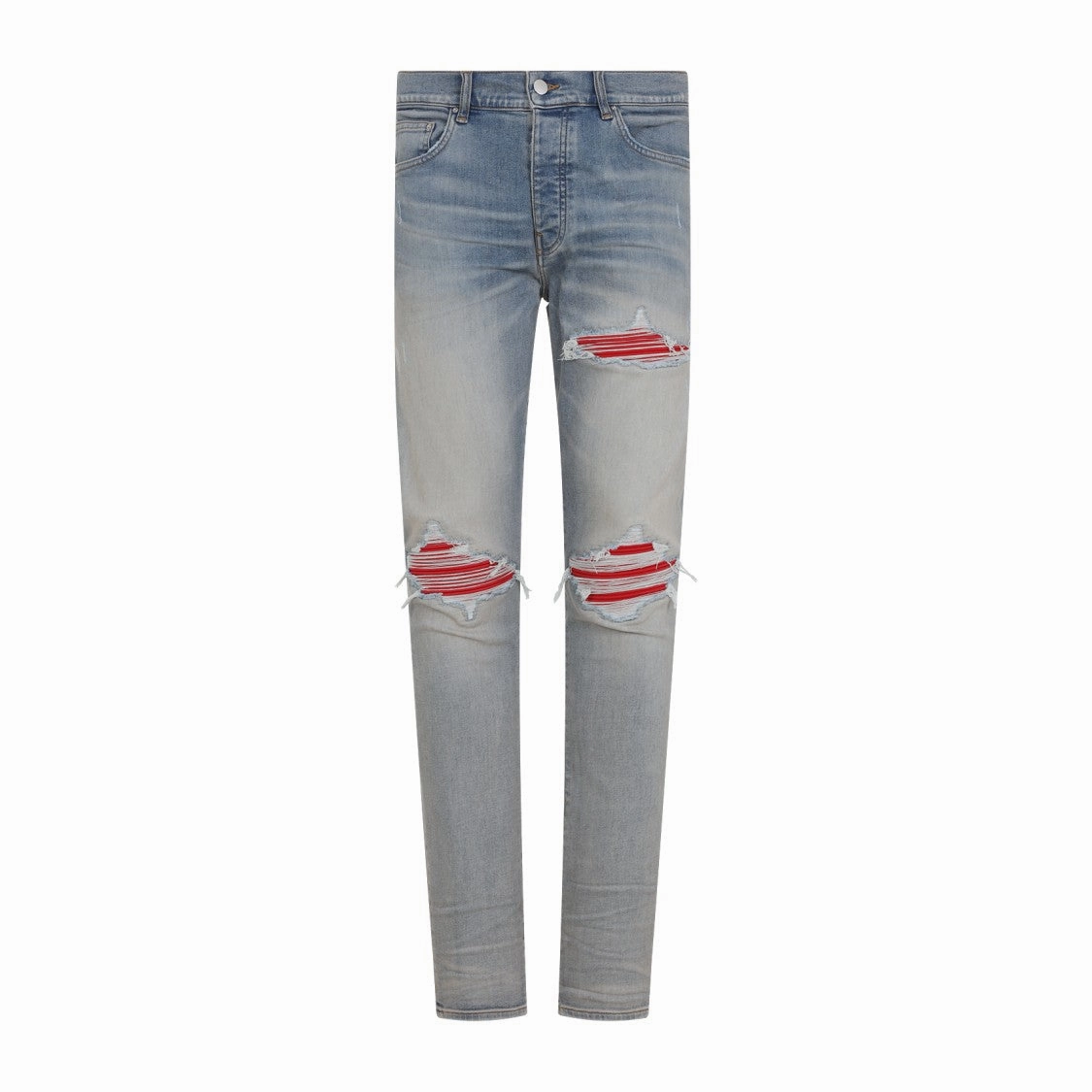 Distressed Blue Cotton Jeans With Red Accents