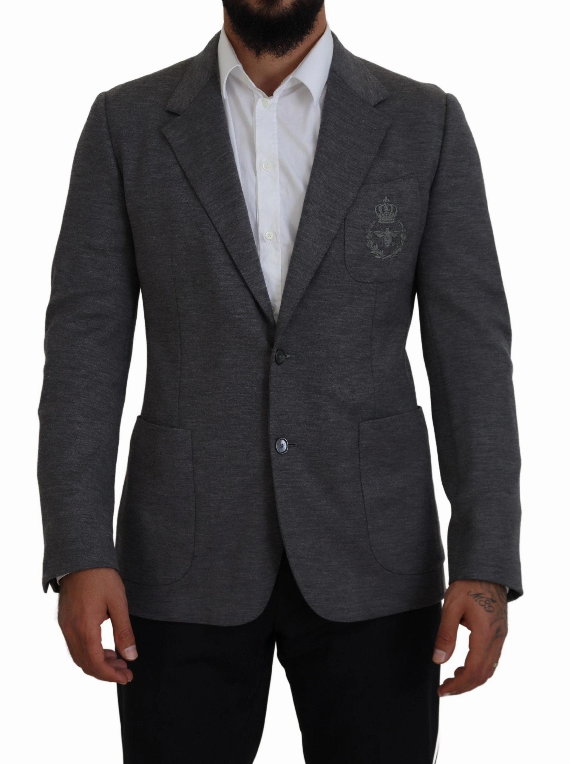 Dolce & Gabbana Elegant Wool Blazer with Bee Crown Men's Embroidery