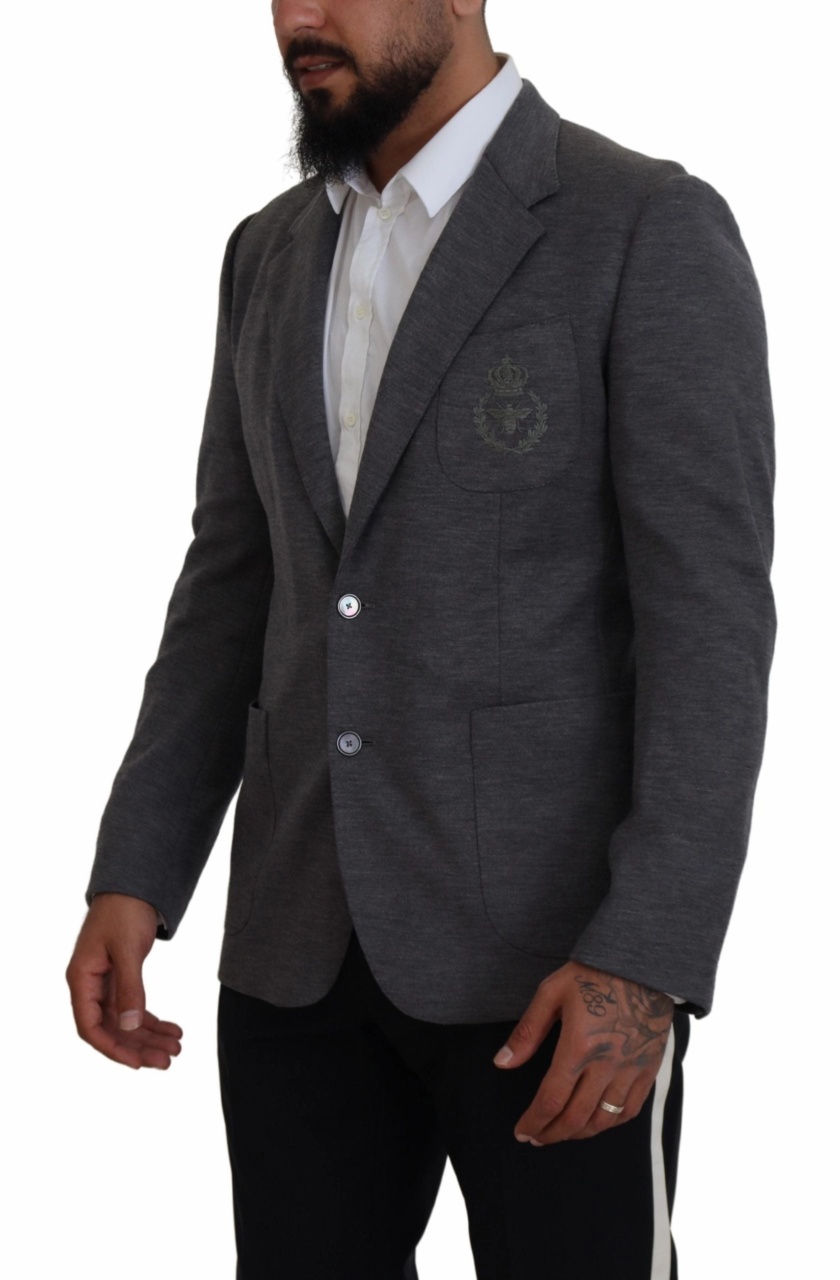 Dolce & Gabbana Elegant Wool Blazer with Bee Crown Men's Embroidery