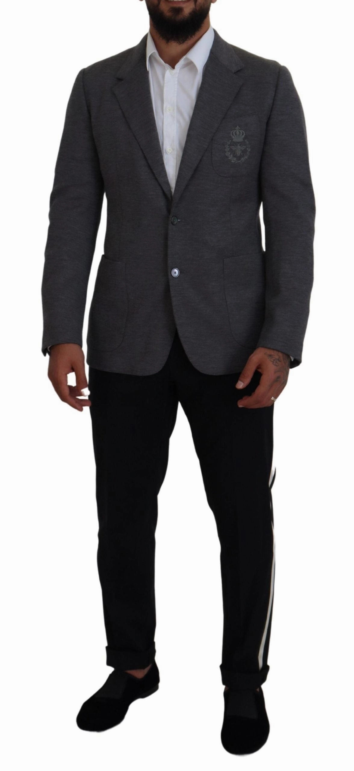 Dolce & Gabbana Elegant Wool Blazer with Bee Crown Men's Embroidery