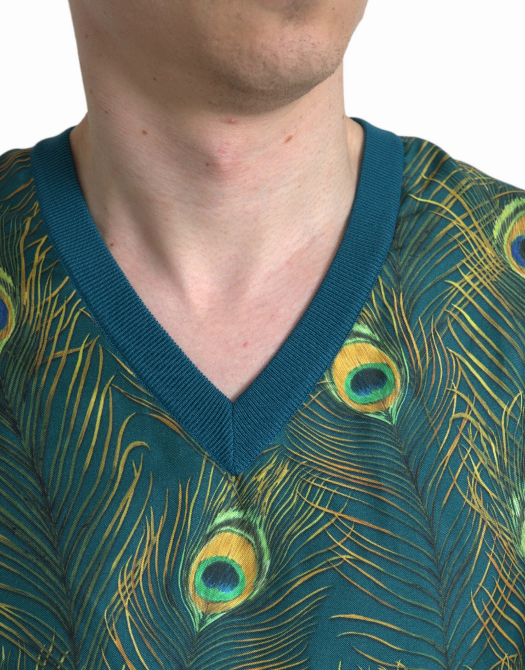 Dolce & Gabbana Silk V-Neck Peacock Feather Men's Sweater