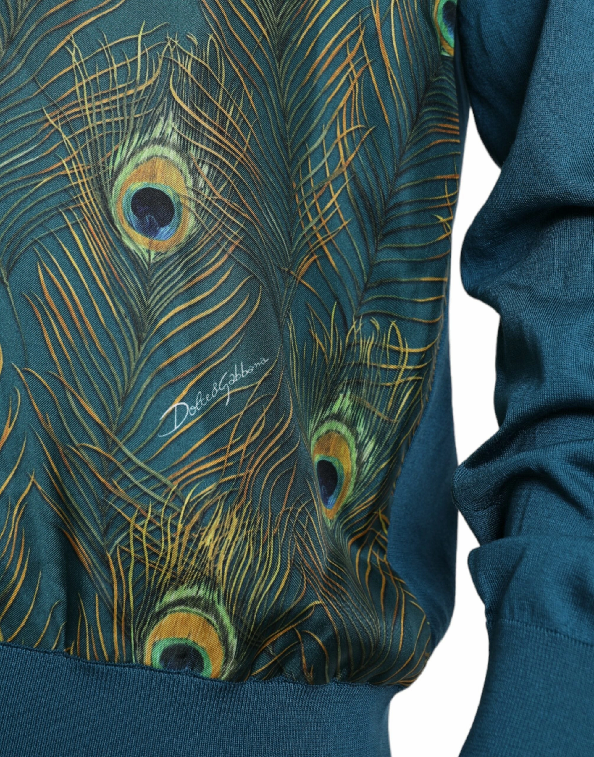 Dolce & Gabbana Silk V-Neck Peacock Feather Men's Sweater