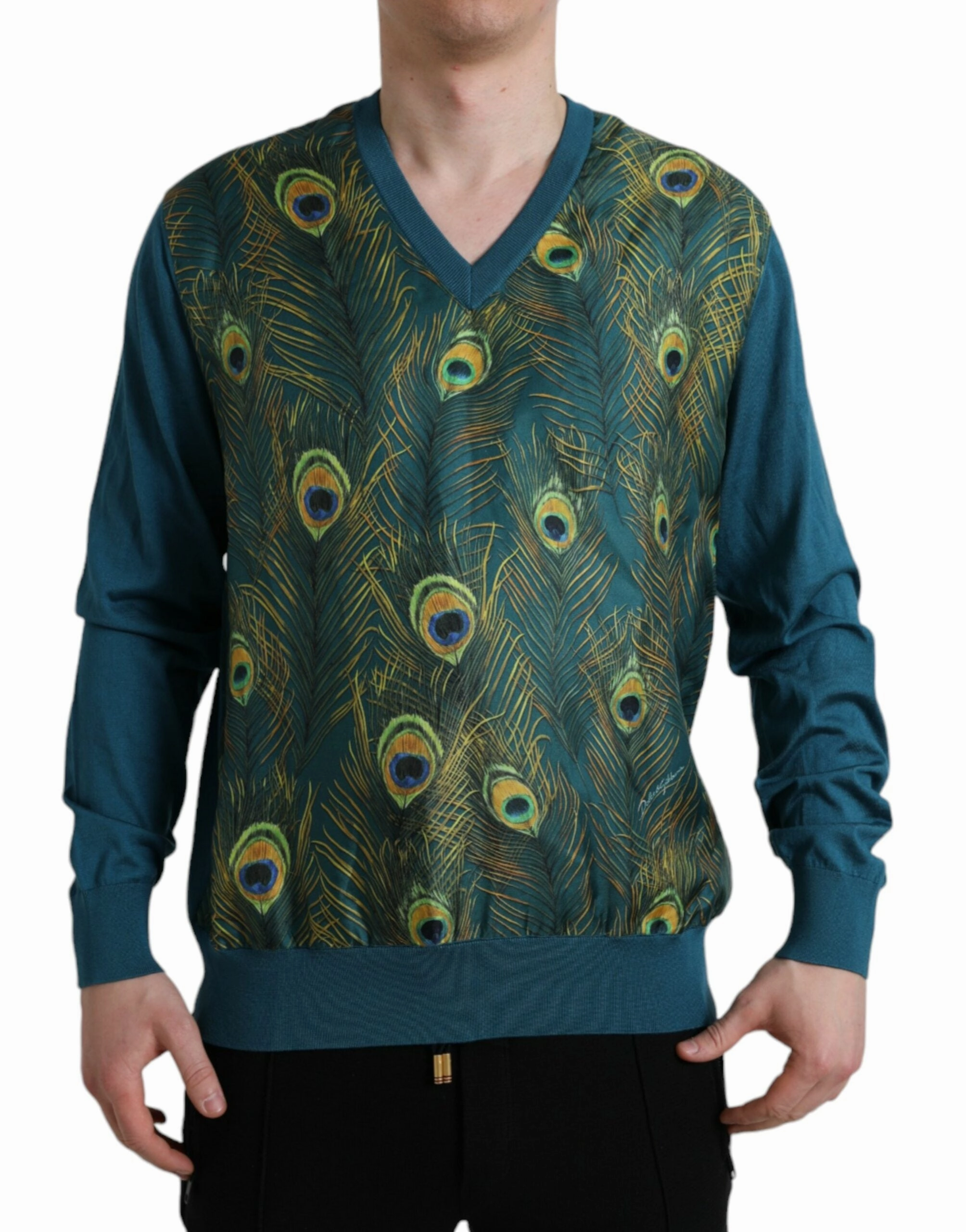 Dolce & Gabbana Silk V-Neck Peacock Feather Men's Sweater