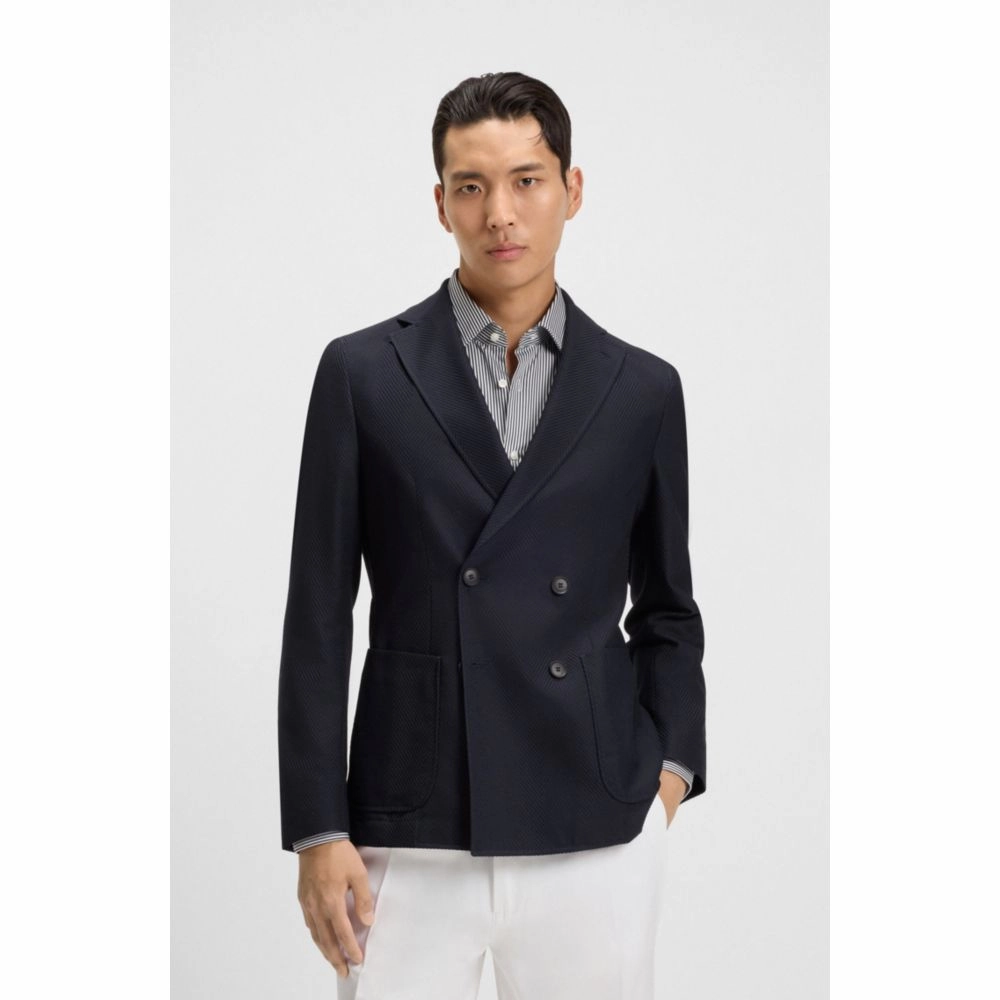 Double-breasted blazer in cotton and wool seersucker