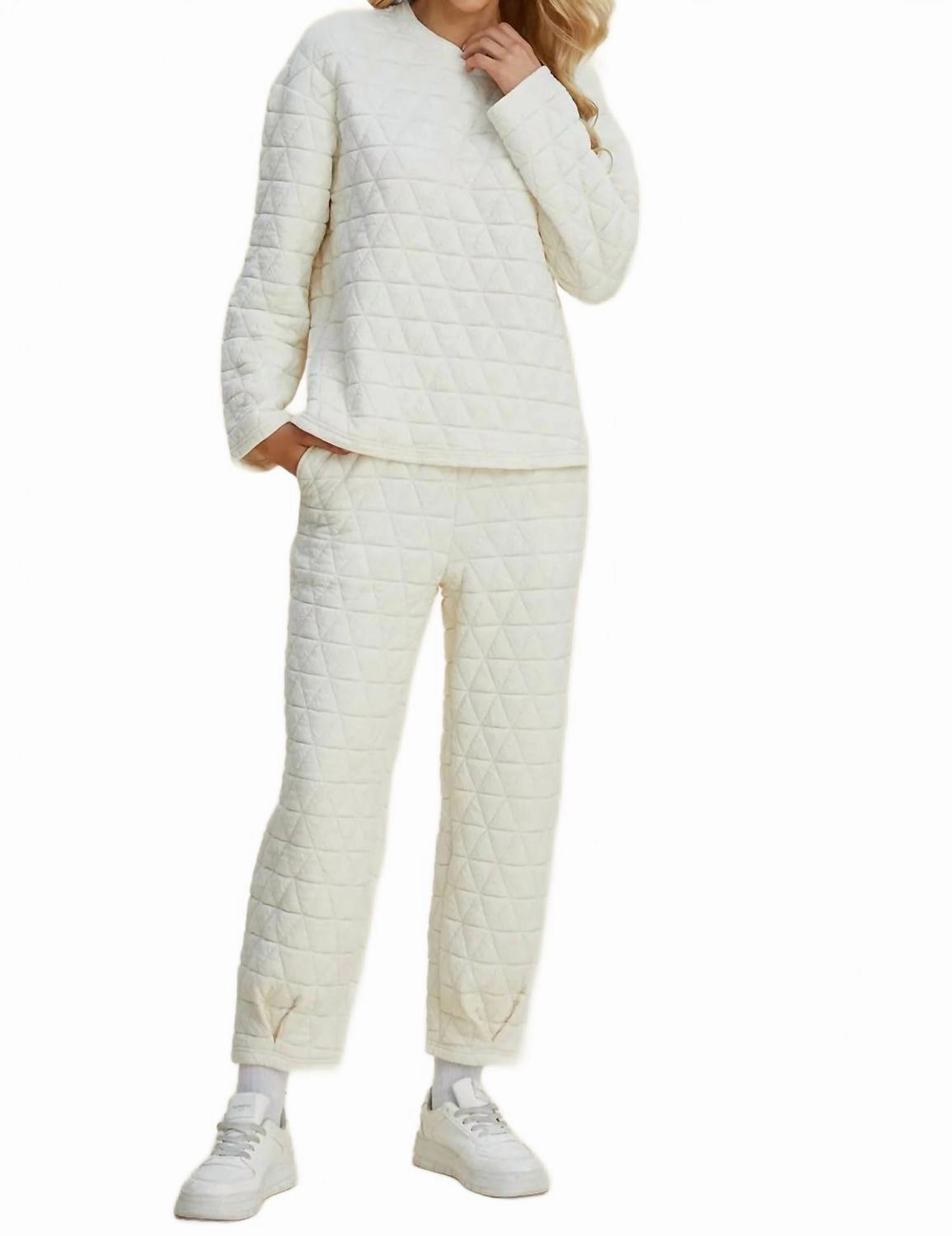 Double Take Full Size Texture Round Neck Long Sleeve Top And Pants Set In Beige