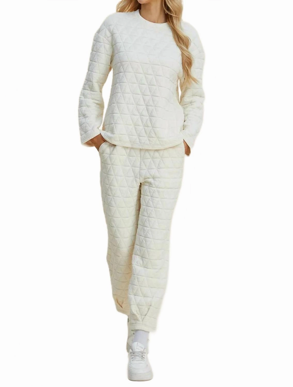 Double Take Full Size Texture Round Neck Long Sleeve Top And Pants Set In Beige