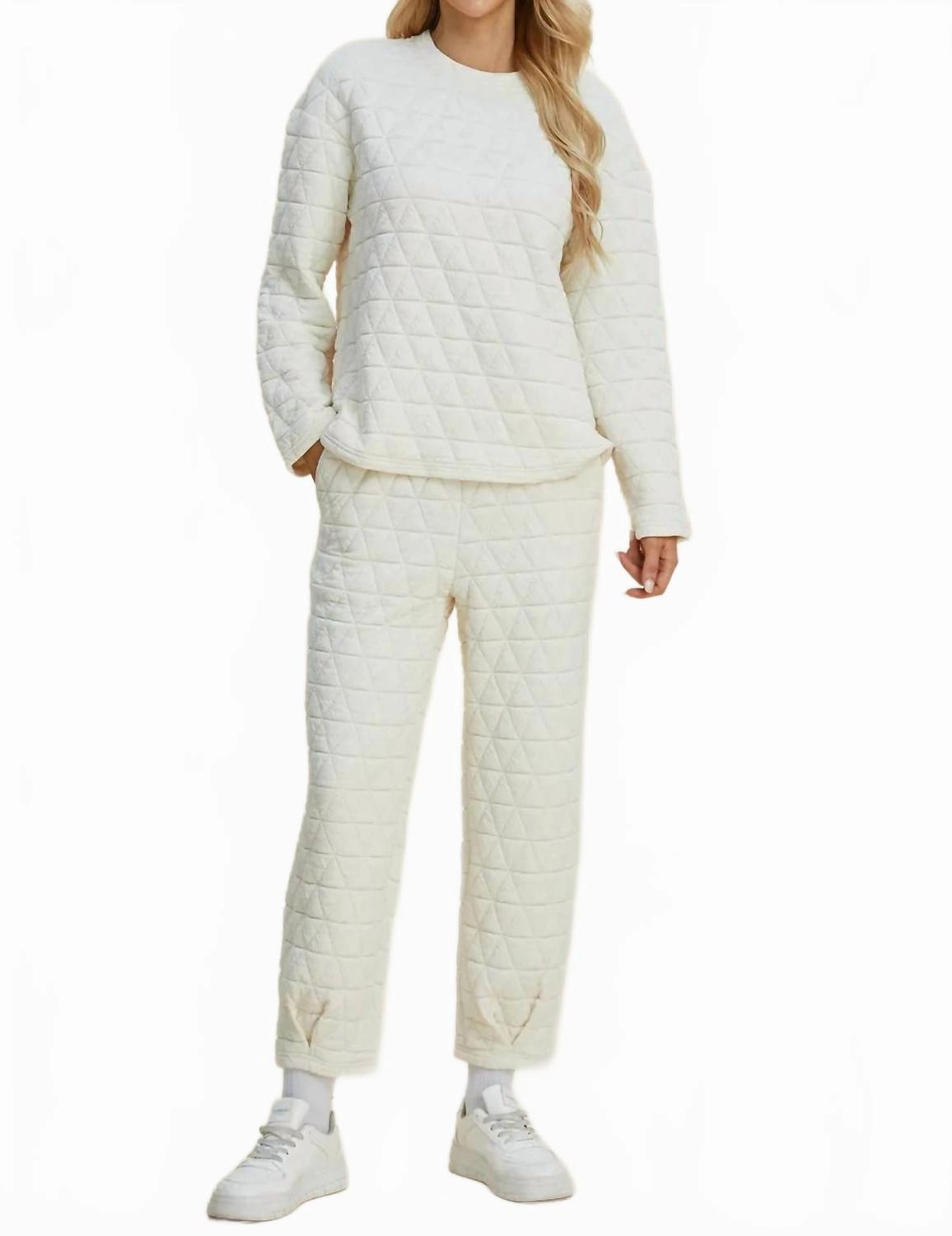 Double Take Full Size Texture Round Neck Long Sleeve Top And Pants Set In Beige