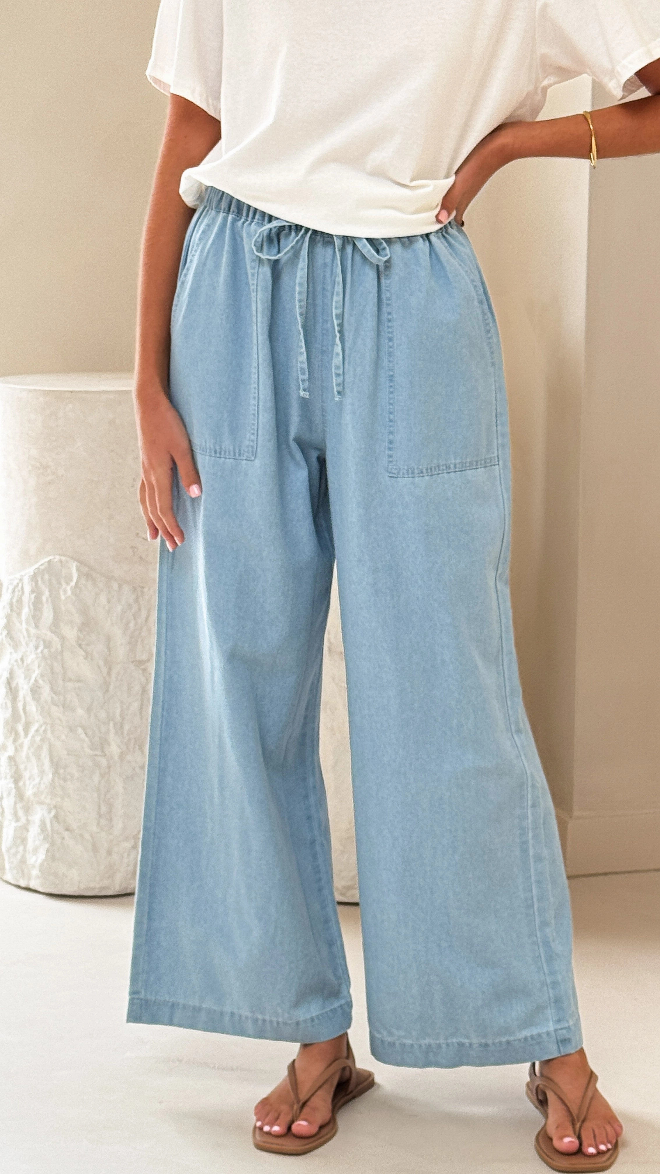 Elaine Wide Leg Pants - Light Blue Denim