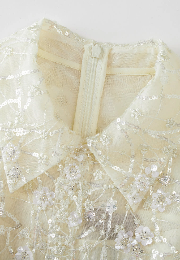 Embellished Lapel Puff-sleeve Mesh Dress