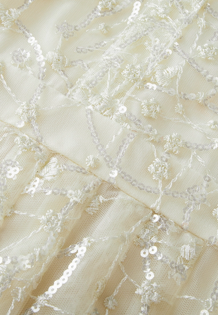 Embellished Lapel Puff-sleeve Mesh Dress