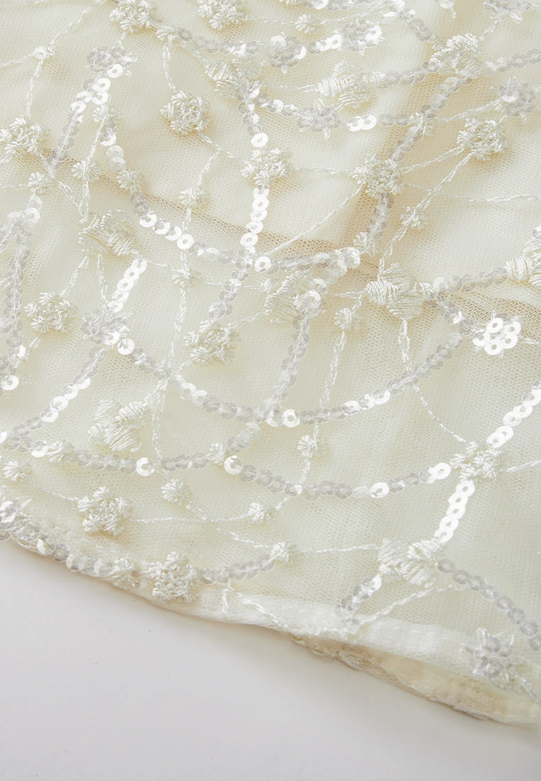 Embellished Lapel Puff-sleeve Mesh Dress
