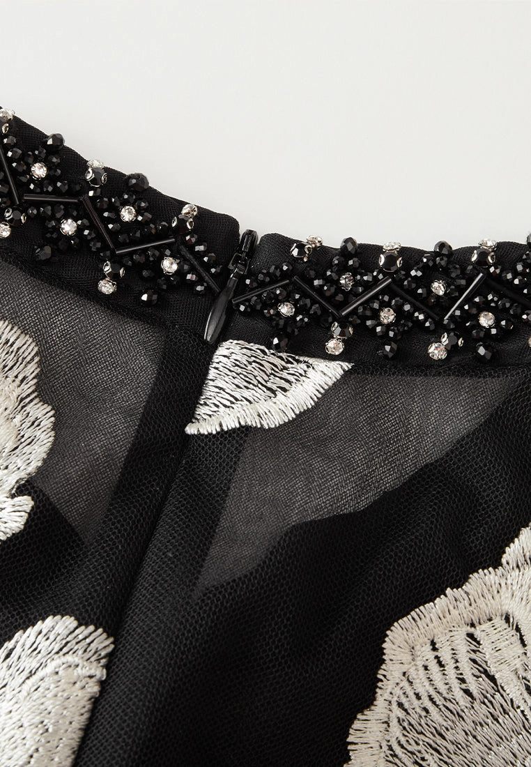 Embroidery-detail Tie-belt Embellished Mesh Dress