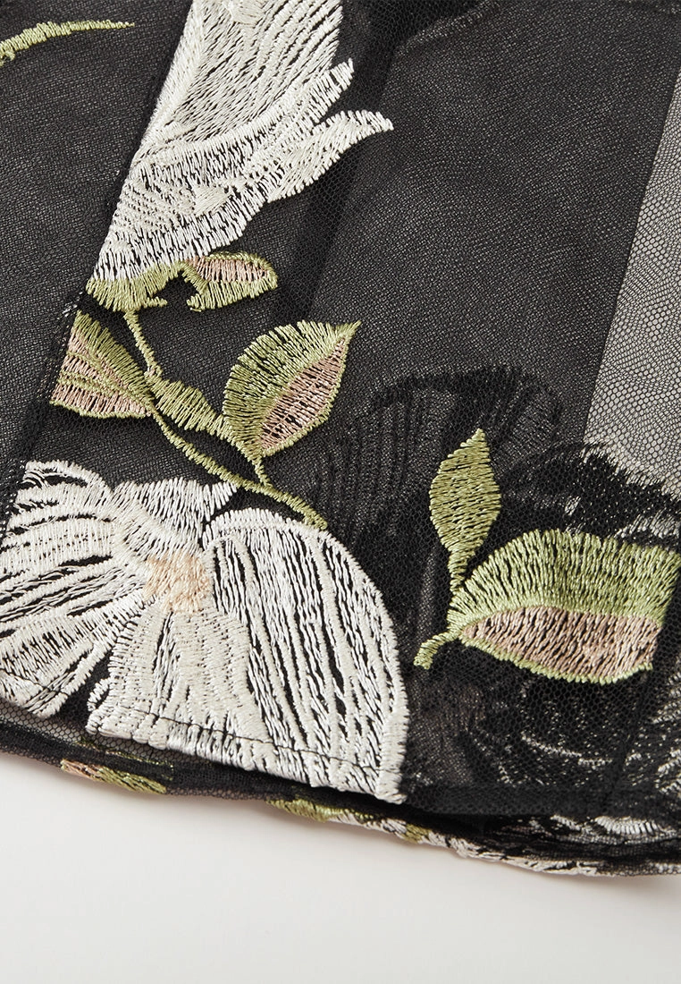 Embroidery-detail Tie-belt Embellished Mesh Dress