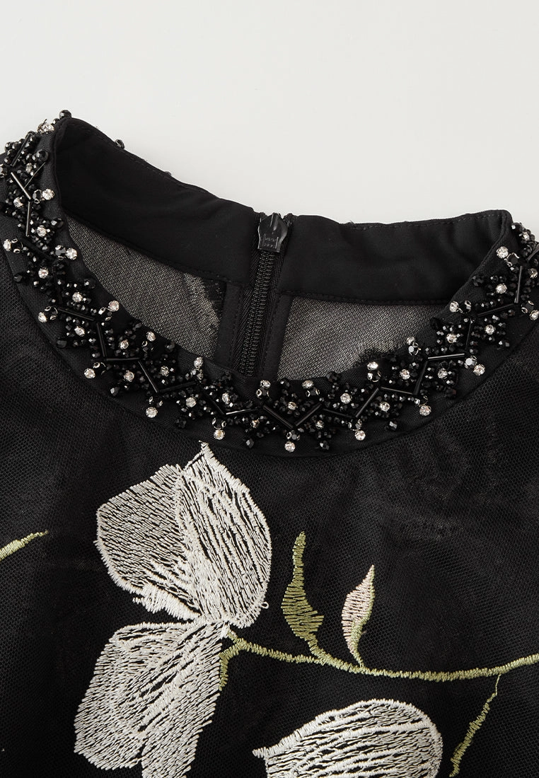 Embroidery-detail Tie-belt Embellished Mesh Dress